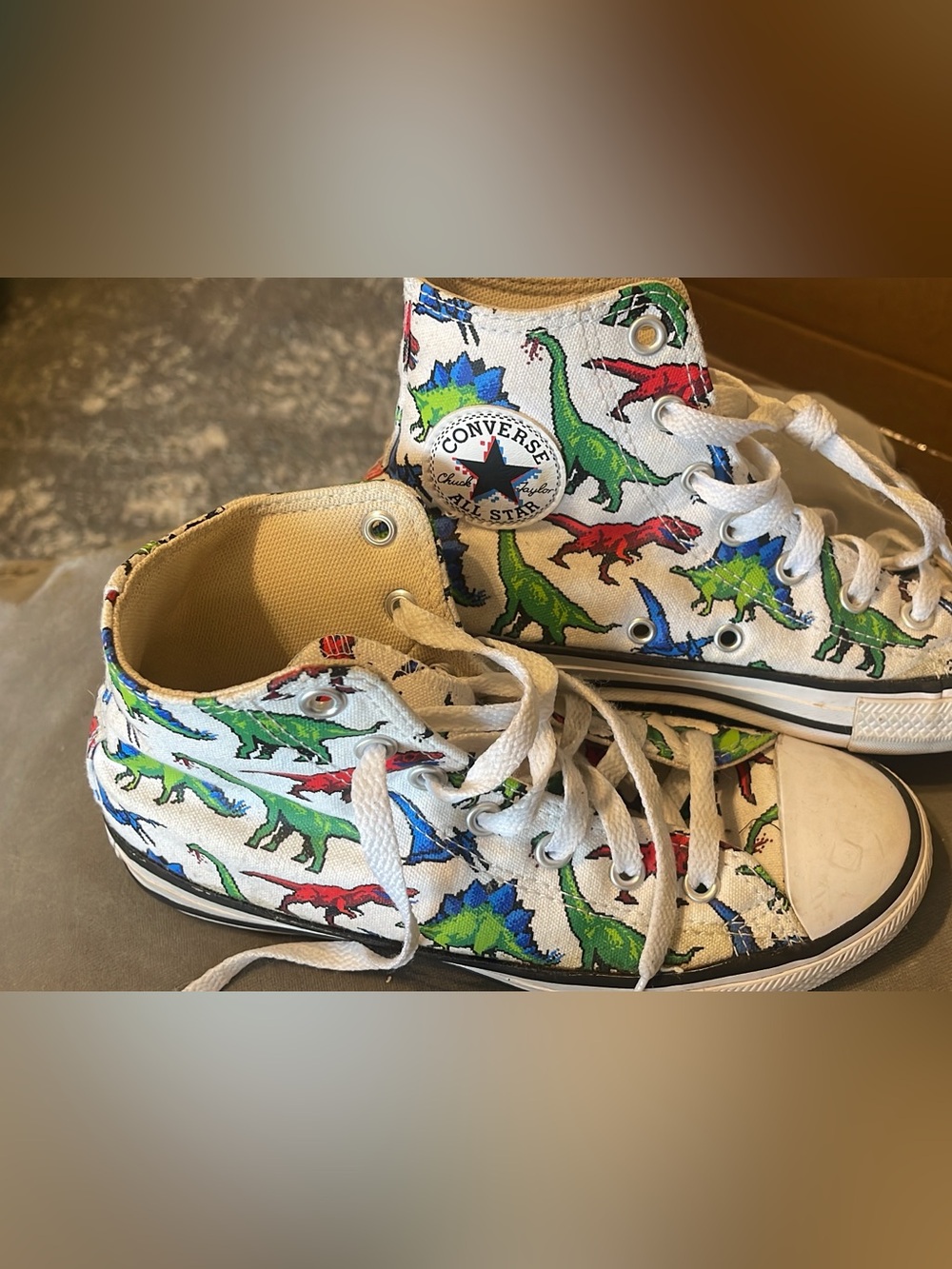 Converse Kids White High-Top Sneakers with Multicolor Dinosaur Print